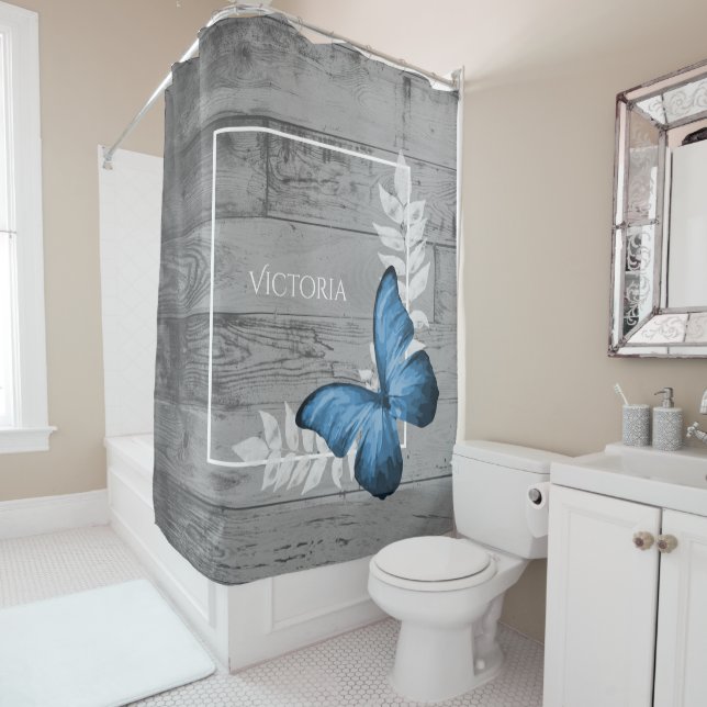 Blue Butterfly Rustic Personalised Shower Curtain (In Situ)