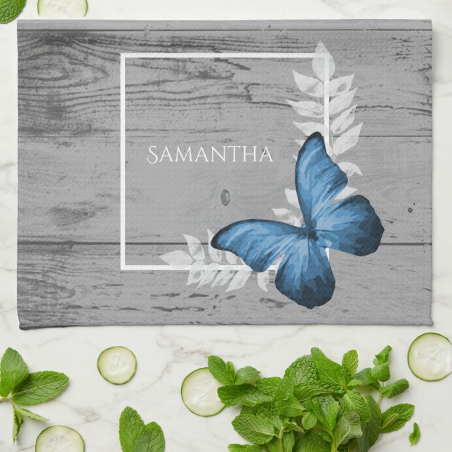Blue Butterfly Rustic Tea Towel (Folded)