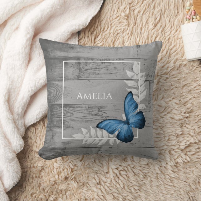 Blue Butterfly Rustic Throw Pillow (Blanket)