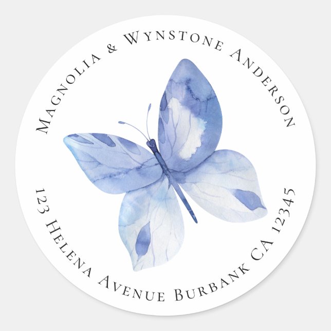 Blue Butterfly Simple Return Address  Classic Round Sticker (Front)