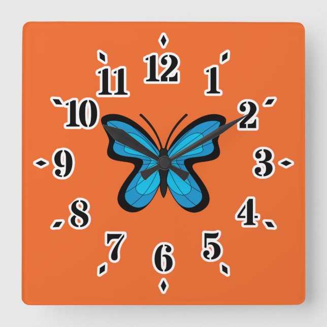Blue Butterfly Square Wall Clock (Front)