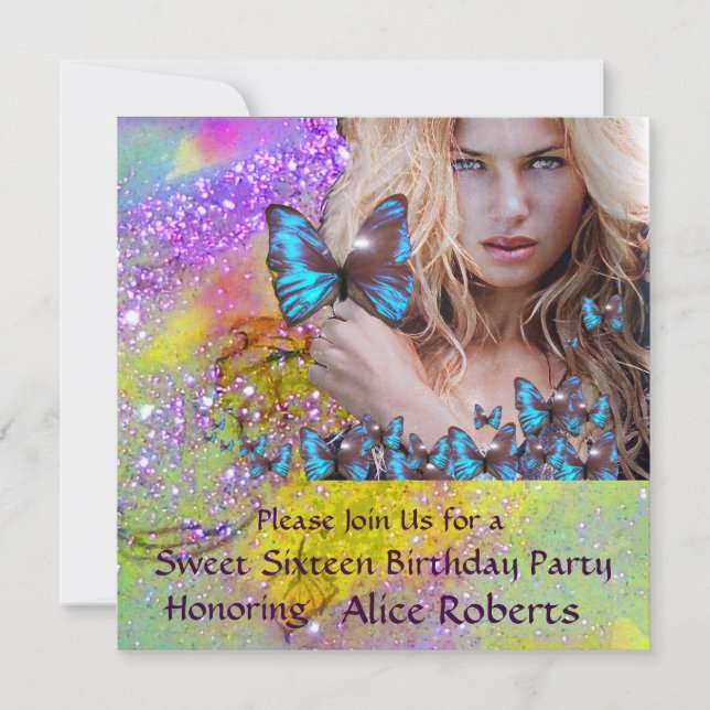 BLUE BUTTERFLY SWEET 16 PARTY  MONOGRAM,Champagne Invitation (Front)