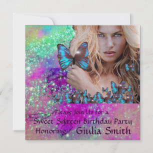 BLUE BUTTERFLY SWEET 16 PARTY  MONOGRAM,Champagne Invitation