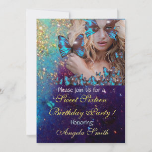 BLUE BUTTERFLY SWEET 16 PARTY  MONOGRAM,GOLD INVITATION