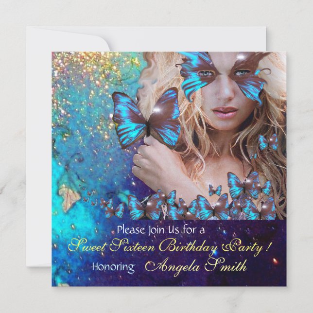 BLUE BUTTERFLY SWEET 16 PARTY  MONOGRAM,GOLD INVITATION (Front)