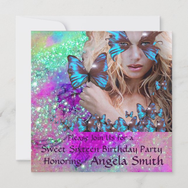 BLUE BUTTERFLY SWEET 16 PARTY  MONOGRAM,GOLD INVITATION (Front)