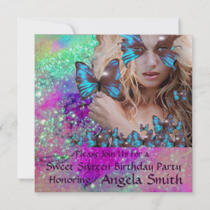 BLUE BUTTERFLY SWEET 16 PARTY MONOGRAM,GOLD INVITATION