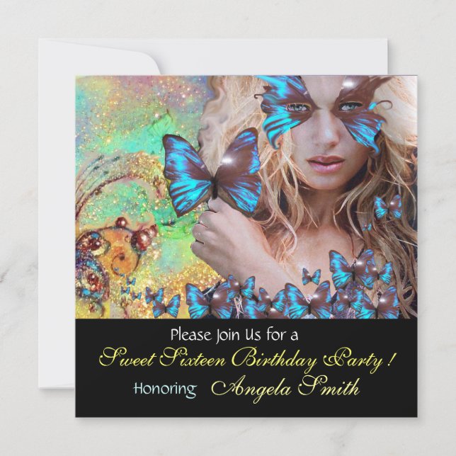 BLUE BUTTERFLY SWEET 16 PARTY  MONOGRAM INVITATION (Front)