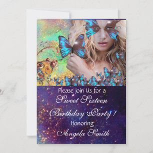 BLUE BUTTERFLY SWEET 16 PARTY  MONOGRAM, INVITATION