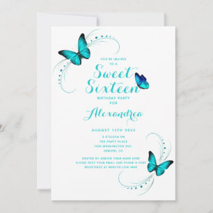 Blue Butterfly Sweet 16 Sixteen Birthday Invitation