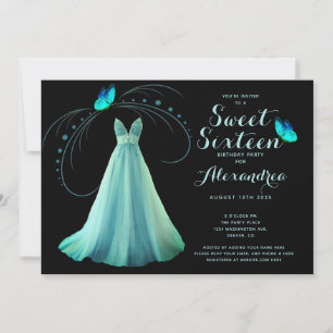 Blue Butterfly Sweet Sixteen 16 Birthday Invitation