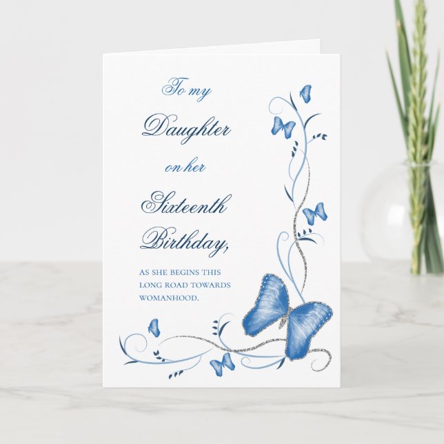 Blue Butterfly & Swirls Sweet 16 Birthday Card (Front)