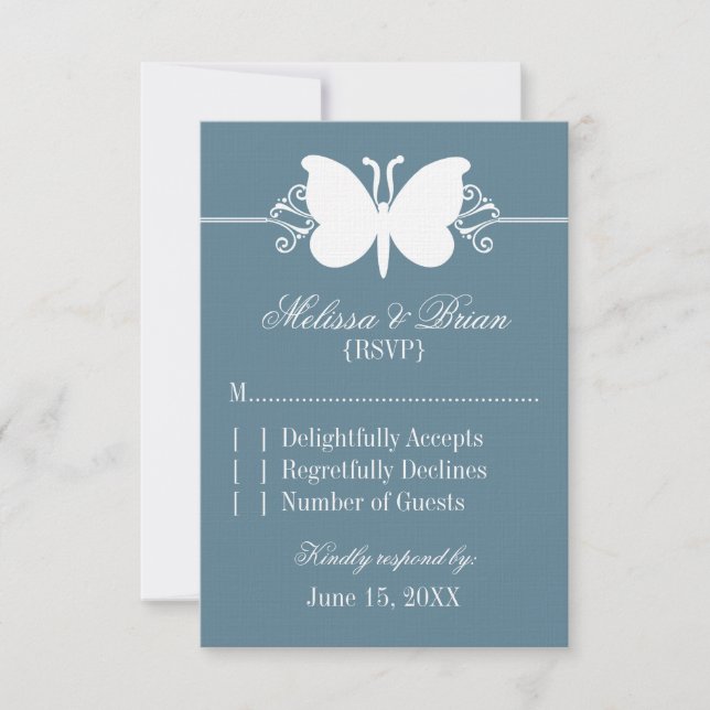 Blue Butterfly Swirls Wedding Response Card (Front)