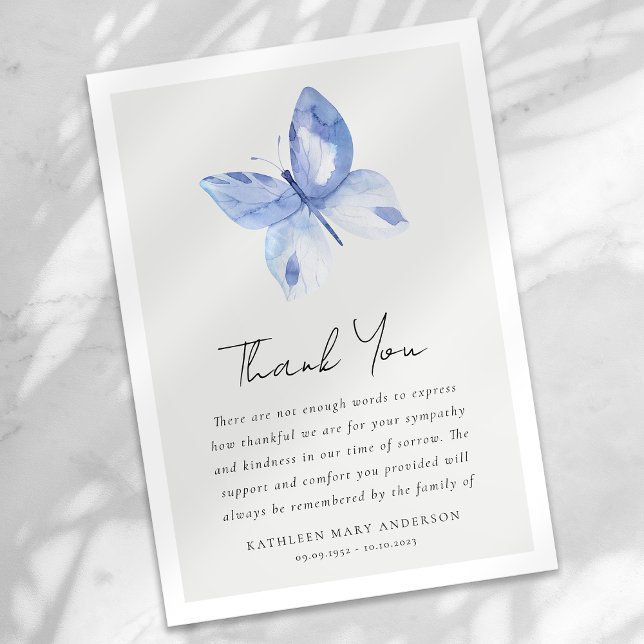 Blue Butterfly Sympathy Funeral Thank You Card (Creator Uploaded)