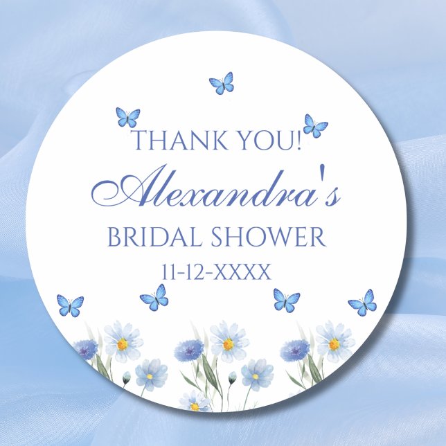 Blue Butterfly Wildflower Bridal Shower Thank You Classic Round Sticker (Creator Uploaded)