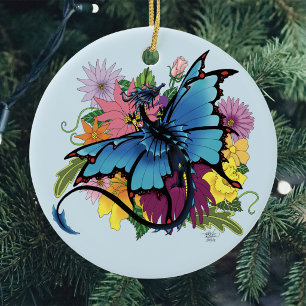 Blue Butterfly Winged Dragon Colourful Flowers Ceramic Ornament