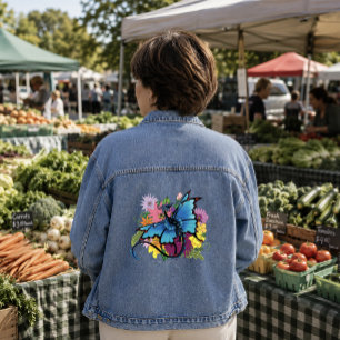 Blue Butterfly Winged Dragon Colourful Flowers Denim Jacket