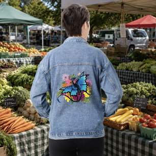 Blue Butterfly Winged Dragon Colourful Flowers Denim Jacket