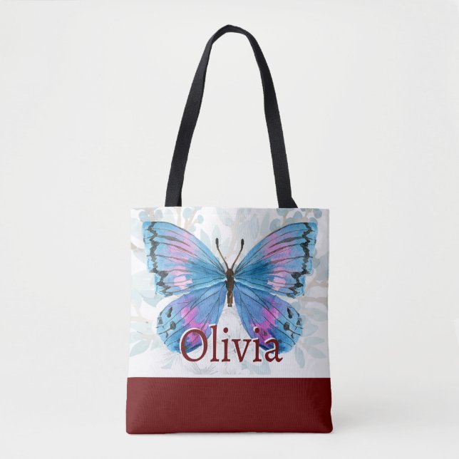 Blue Butterfly with Burgundy Accents Tote Bag (Front)