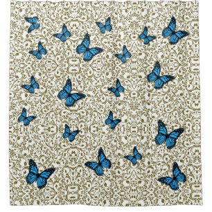 Blue Butterfly with Golden Leaves Shower Curtain