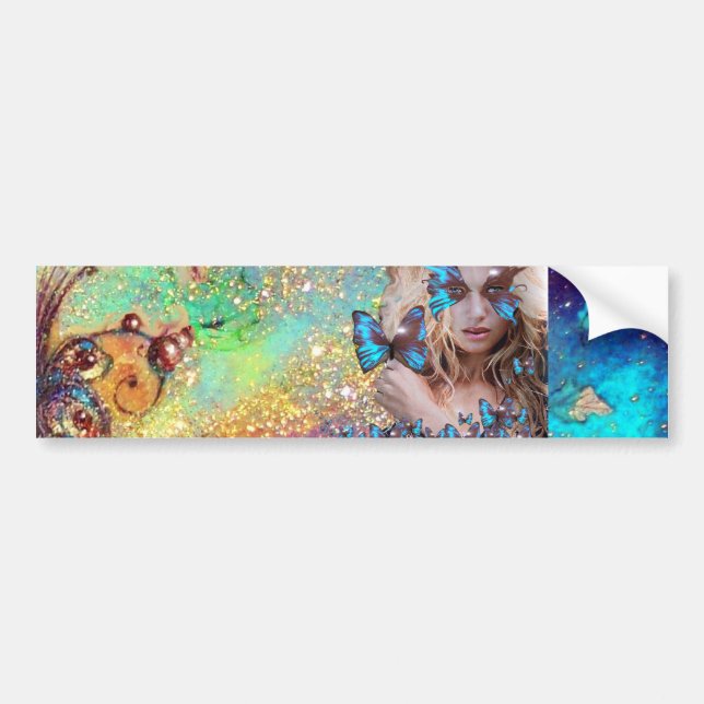 BLUE BUTTERFLY WITH GREEN GOLD SPARKLES BUMPER STICKER (Front)