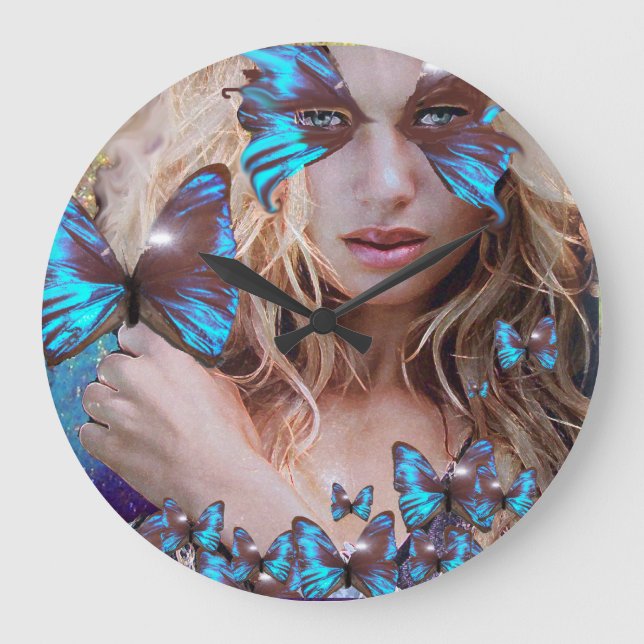 BLUE BUTTERFLY WITH GREEN GOLD SPARKLES LARGE CLOCK (Front)