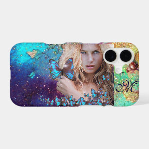 BLUE BUTTERFLY WITH GREEN GOLD SPARKLES MONOGRAM