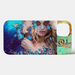 BLUE BUTTERFLY WITH GREEN GOLD SPARKLES MONOGRAM iPhone 13 CASE