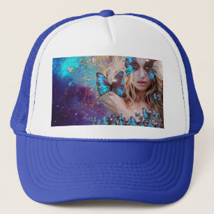 BLUE BUTTERFLY WITH GREEN GOLD SPARKLES TRUCKER HAT