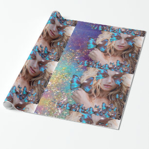 BLUE BUTTERFLY WITH GREEN GOLD SPARKLES WRAPPING PAPER