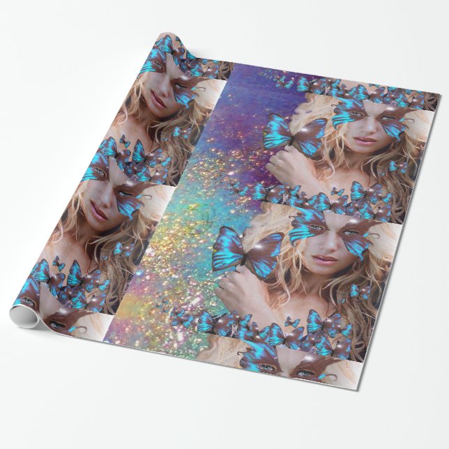 BLUE BUTTERFLY WITH GREEN GOLD SPARKLES WRAPPING PAPER (Unrolled)