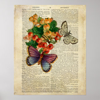 Blue Butterfly with Red Flowers Vintage Art Poster