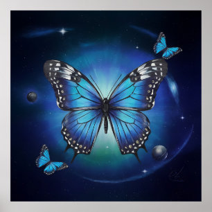 Blue butterfly with stars and planets ... poster