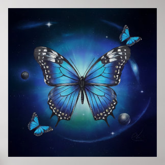 Blue butterfly with stars and planets ... poster