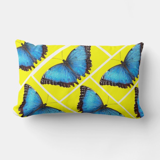 Blue Butterfly Yellow Background Lumbar Cushion (Front)