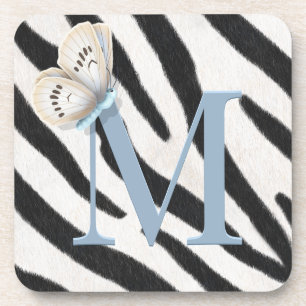 Blue Butterfly & Zebra Fur Blue Monogram Custom Coaster
