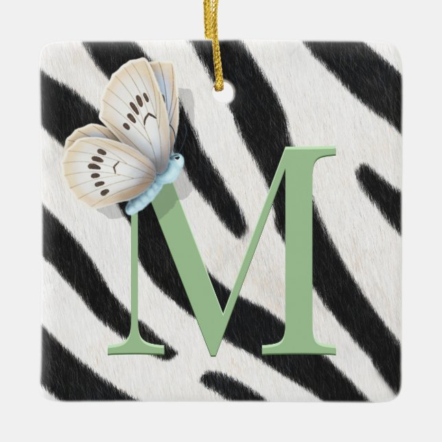 Blue Butterfly & Zebra Fur Green Monogram Custom Ceramic Ornament (Front)