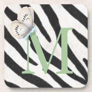 Blue Butterfly & Zebra Fur Green Monogram Custom Coaster