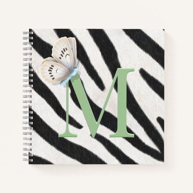 Blue Butterfly & Zebra Fur Green Monogram Custom Notebook (Front)