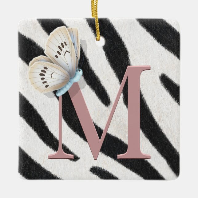 Blue Butterfly & Zebra Fur Rose Monogram Custom Ceramic Ornament (Front)