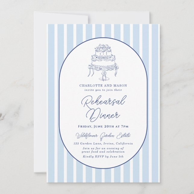 Blue Cabana Stripe Minimalist Rehearsal Dinner Invitation (Front)
