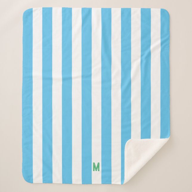 Blue Cabana Stripe & Personalised Green Monogram Sherpa Blanket (Front)