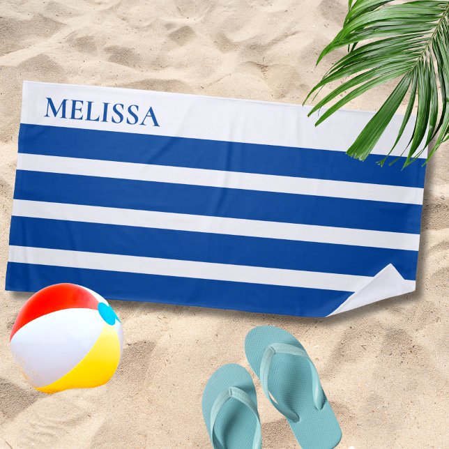 Blue Cabana Stripe Personalised Summer Vacation Beach Towel (Creator Uploaded)