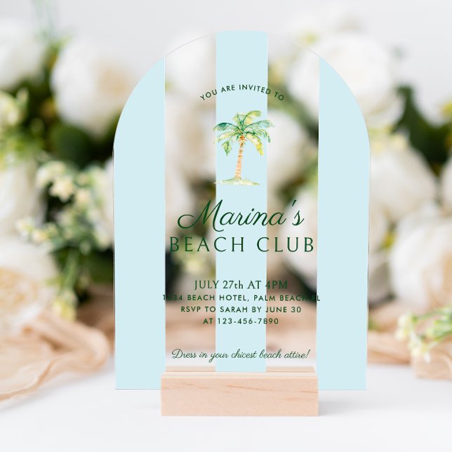 Blue Cabana Stripes Palm Beach Club Birthday Arch Acrylic Invitations (Creator Uploaded)