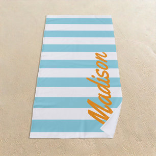 Blue Cabana Stripes Retro Monogram Beach Towel