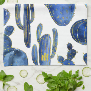 Blue Cactus Art Desert Chic Gold INITIAL Fun Tea Towel