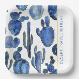 Blue Cactus Desert Chic Gold EVENT NAME Artisan Paper Plate