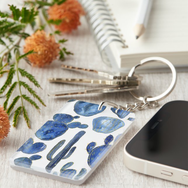 Blue Cactus Desert Chic NAME Travel Keychain (Front Right)