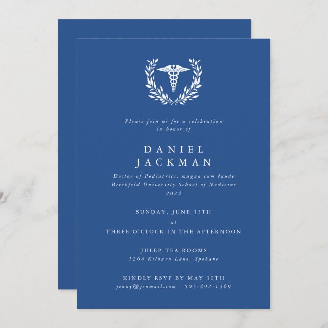 Blue Caduceus+Laurel Medical School Graduation Invitation (Front/Back)