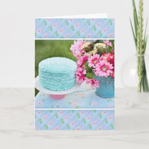 Blue Cake And Flowers Birthday Card